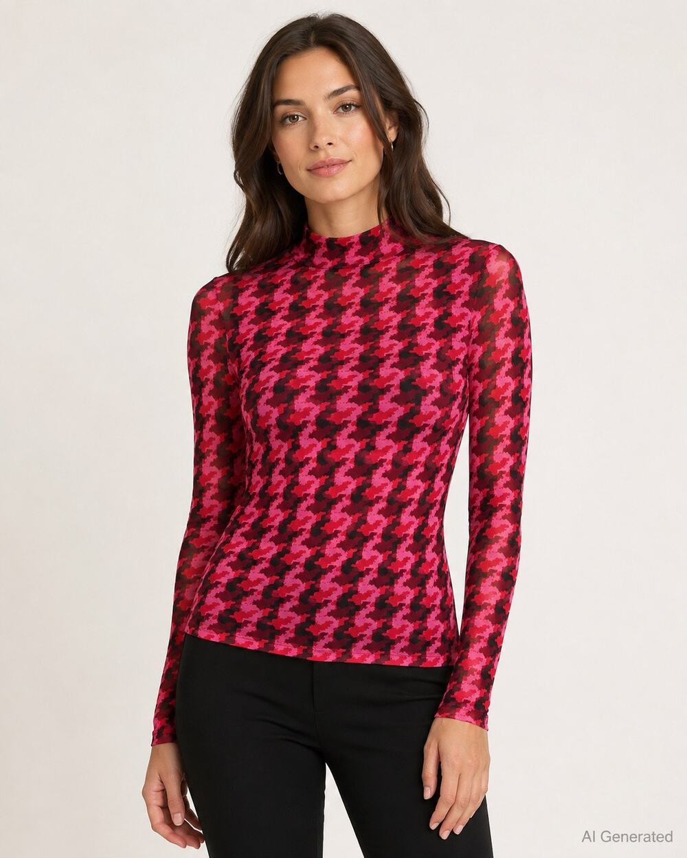 AFRM Womens L Pink Red Black Mesh Mock Neck Long Sleeve Top Houndstooth NWT